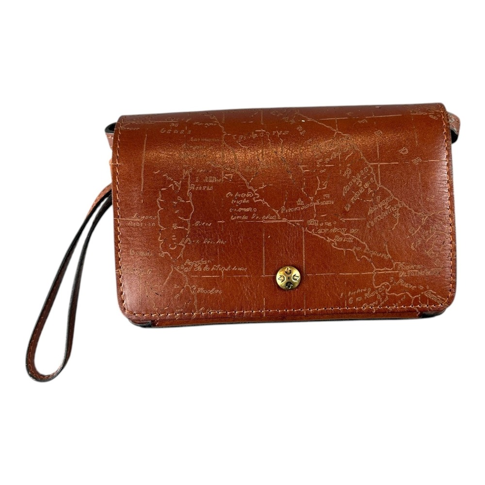Patricia Nash Cassini Crossbody Bag Purse Cognac Etched Map Leather Wristlet